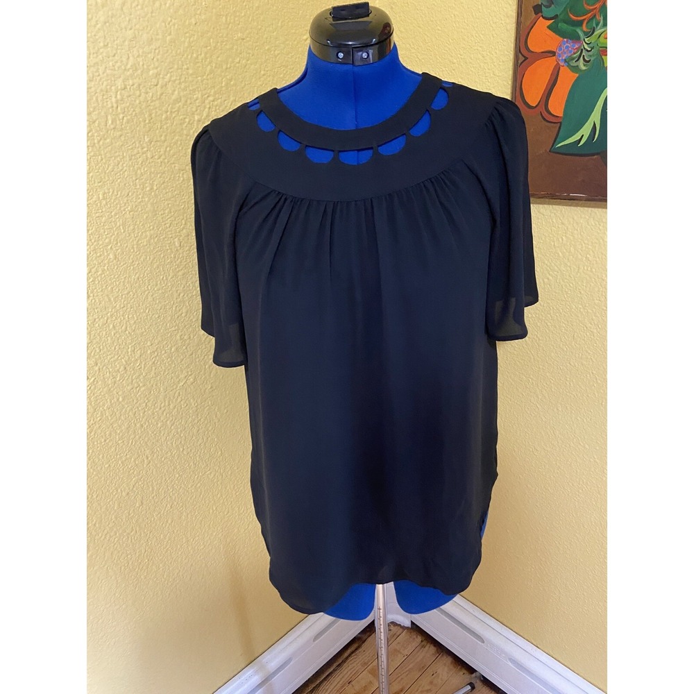 Ann Taylor Women's Size S Black Sheer Blouse Short Sleeve Pleated Cut Out Neck